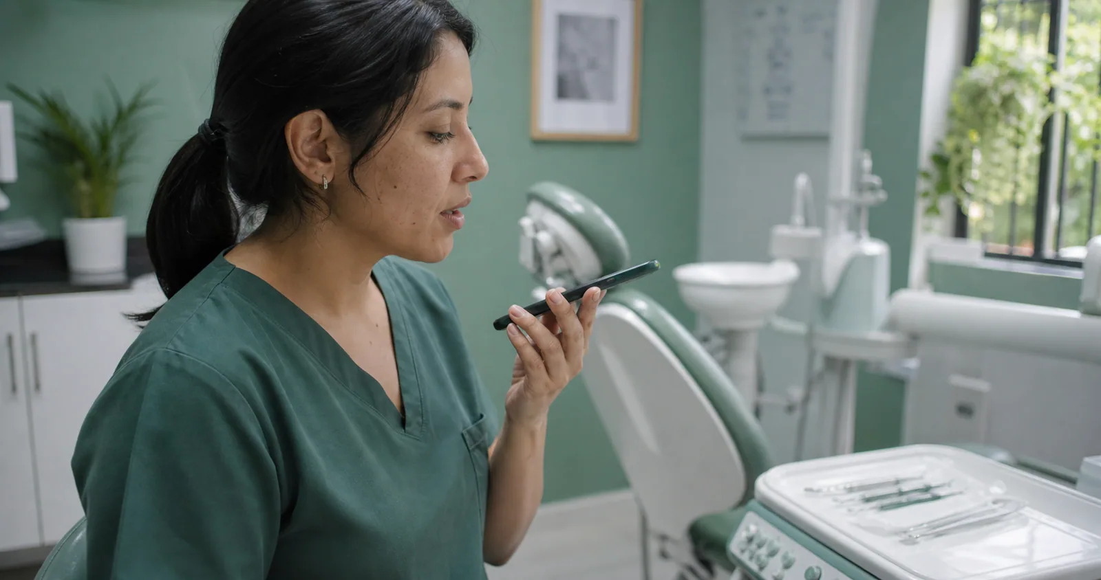 Dentist dictating a voice note between patients